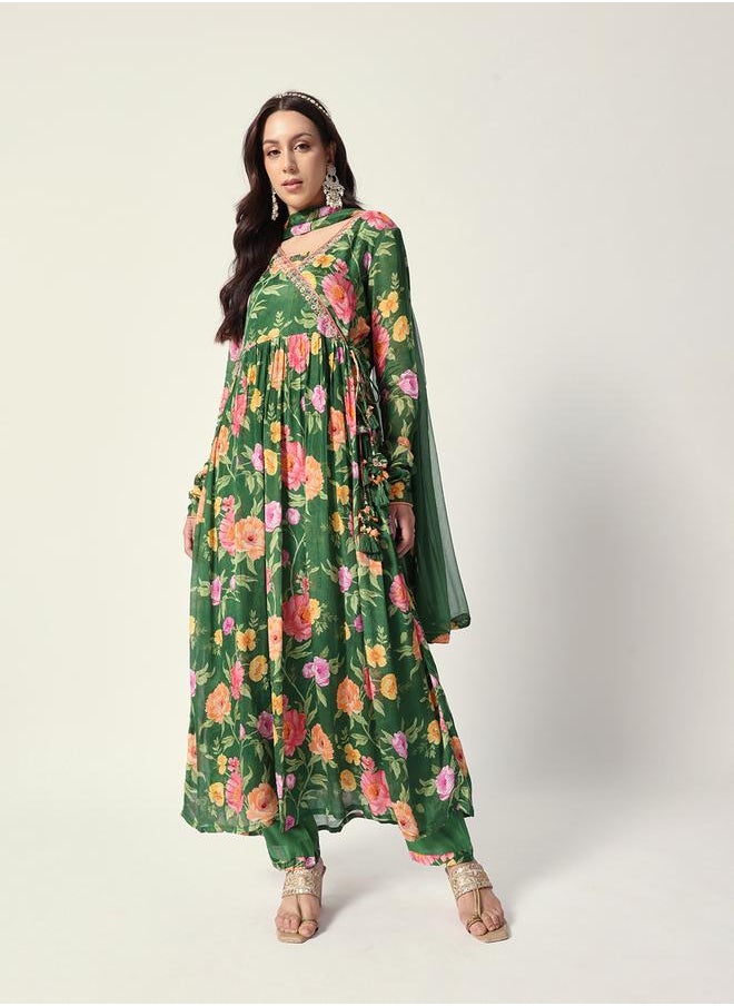 Women's Green Chiffon Textured Tunic Full Palazzo Regular Fit Kurta Set