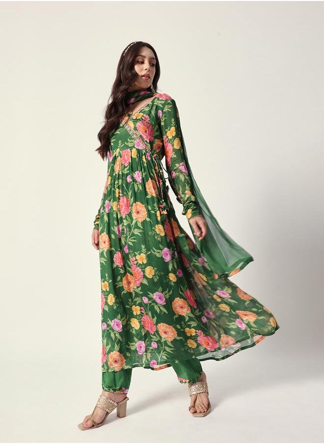 Women's Green Chiffon Textured Tunic Full Palazzo Regular Fit Kurta Set