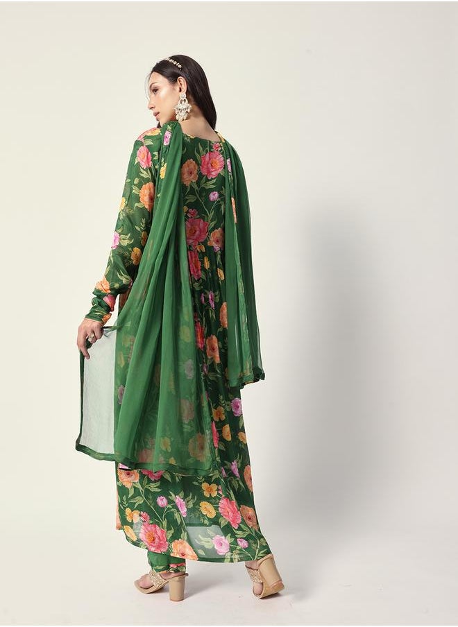 Women's Green Chiffon Textured Tunic Full Palazzo Regular Fit Kurta Set