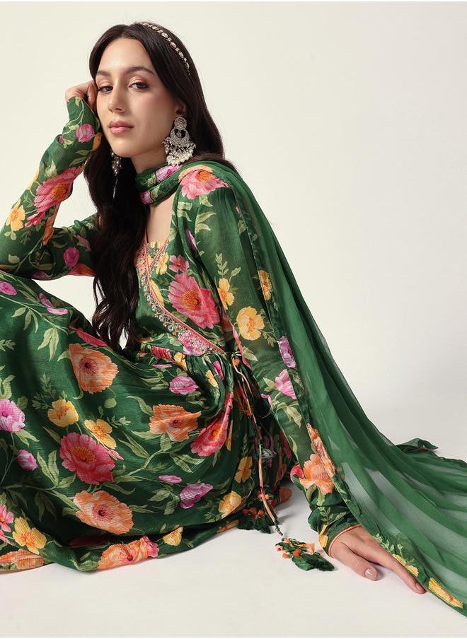 Women's Green Chiffon Textured Tunic Full Palazzo Regular Fit Kurta Set
