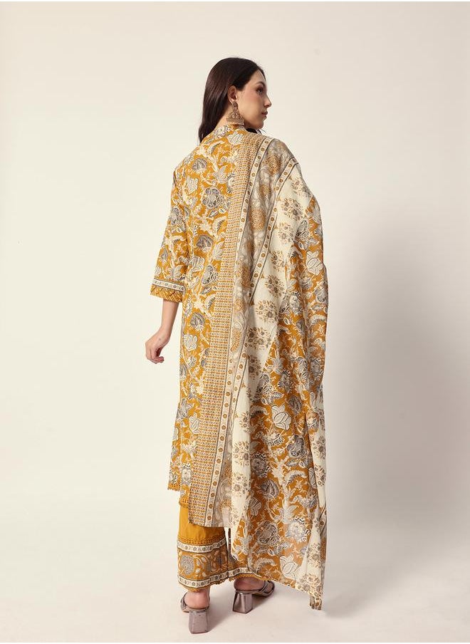 Women's Yellow Cotton Textured Tunic Full Palazzo Regular Fit Kurta Set