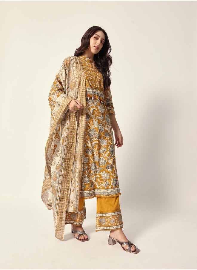 Women's Yellow Cotton Textured Tunic Full Palazzo Regular Fit Kurta Set