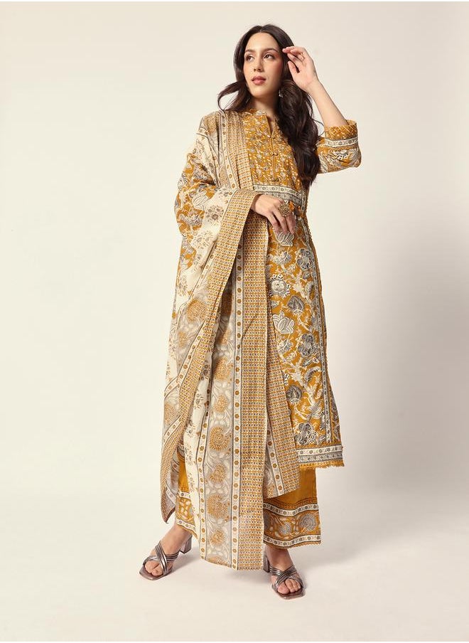 Women's Yellow Cotton Textured Tunic Full Palazzo Regular Fit Kurta Set