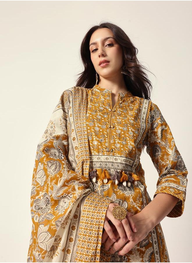 Women's Yellow Cotton Textured Tunic Full Palazzo Regular Fit Kurta Set