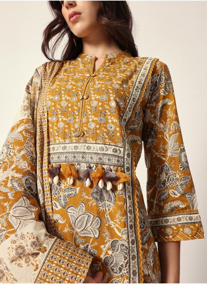 Women's Yellow Cotton Textured Tunic Full Palazzo Regular Fit Kurta Set