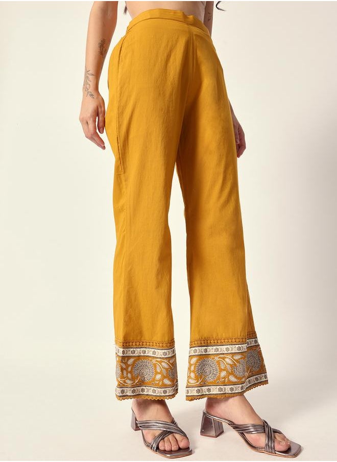 Women's Yellow Cotton Textured Tunic Full Palazzo Regular Fit Kurta Set