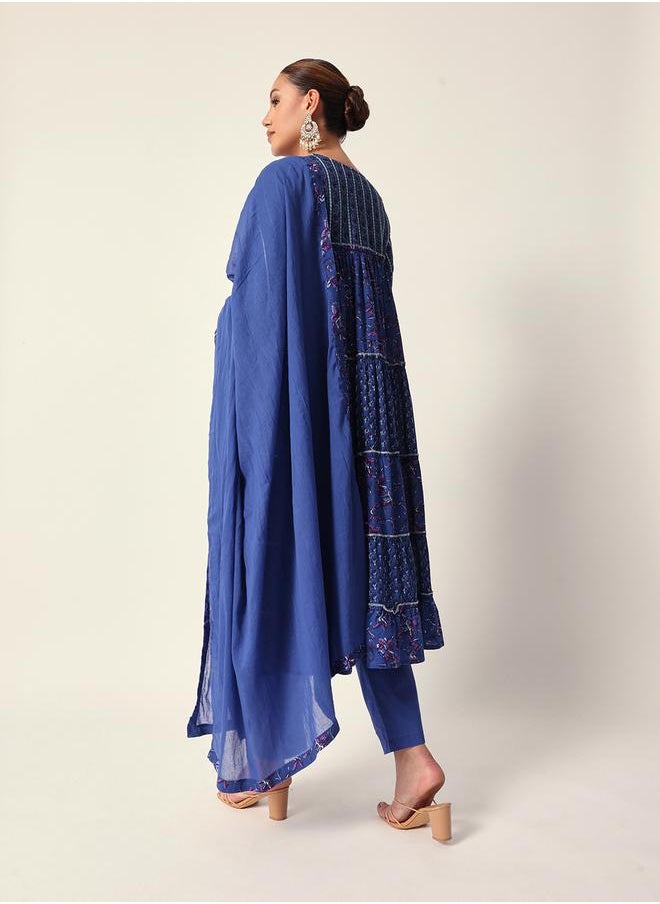 Women's Blue Cotton Textured Tunic Full Palazzo Regular Fit Kurta Set