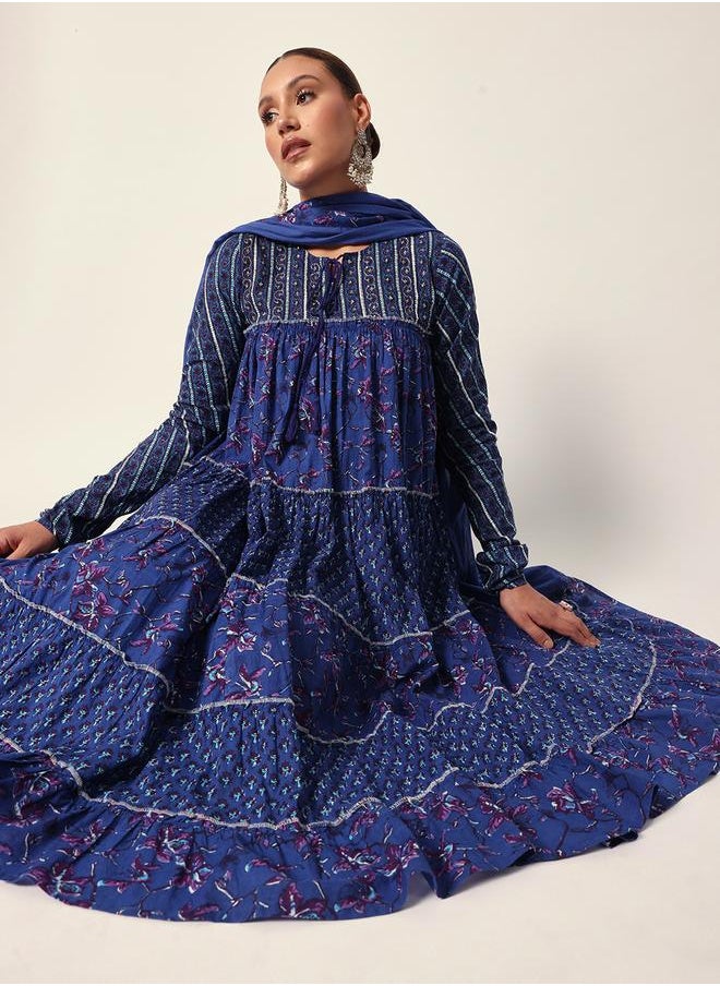 Women's Blue Cotton Textured Tunic Full Palazzo Regular Fit Kurta Set