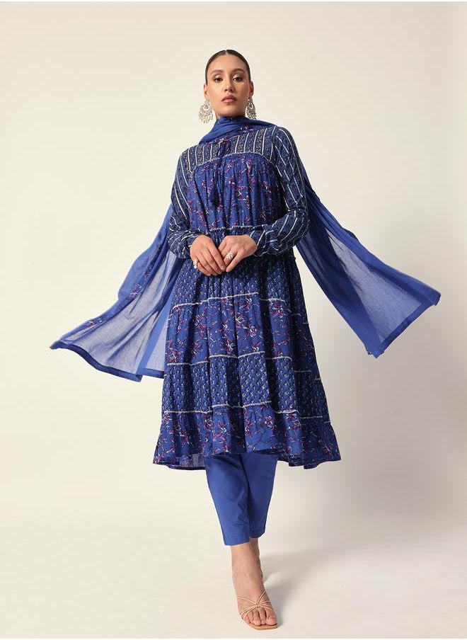 Women's Blue Cotton Textured Tunic Full Palazzo Regular Fit Kurta Set