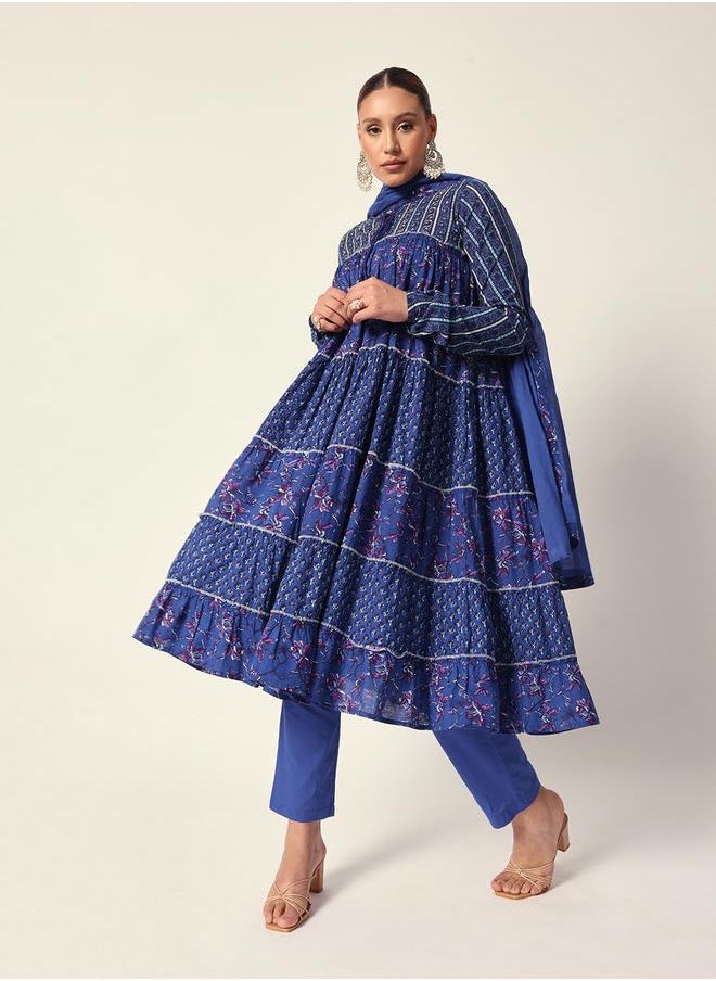 Women's Blue Cotton Textured Tunic Full Palazzo Regular Fit Kurta Set