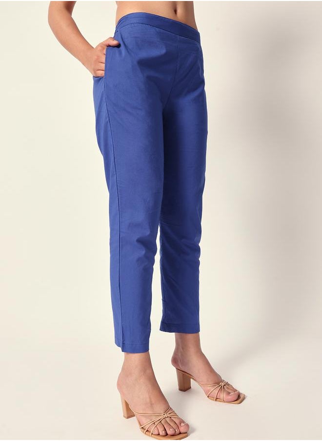 Women's Blue Cotton Textured Tunic Full Palazzo Regular Fit Kurta Set