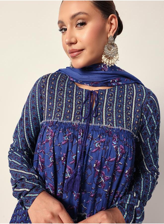 Women's Blue Cotton Textured Tunic Full Palazzo Regular Fit Kurta Set