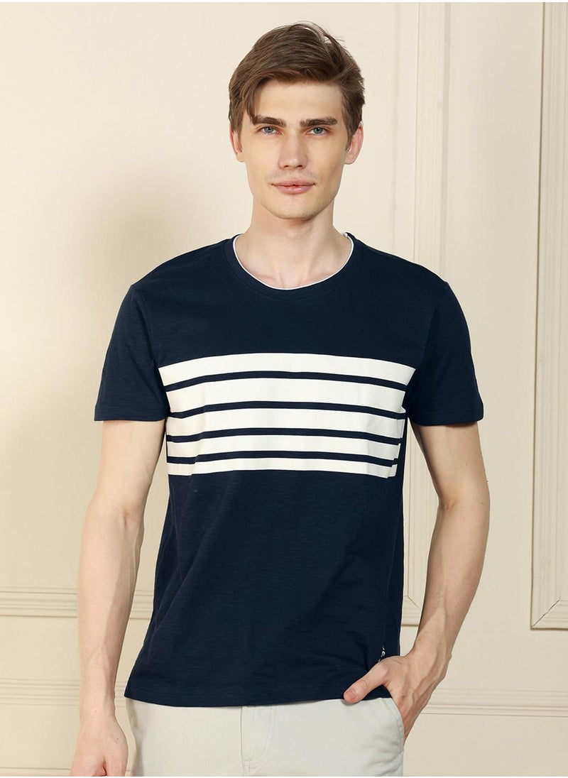 Men's Navy 100% Cotton Striped Regular Fit T-Shirt