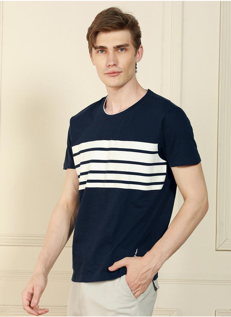 Men's Navy 100% Cotton Striped Regular Fit T-Shirt