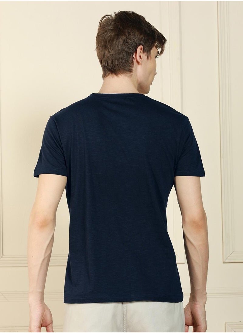 Men's Navy 100% Cotton Striped Regular Fit T-Shirt