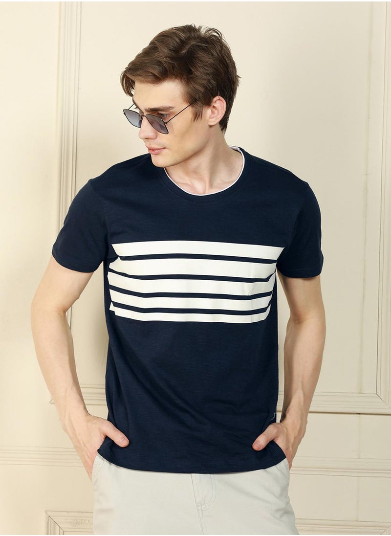 Men's Navy 100% Cotton Striped Regular Fit T-Shirt