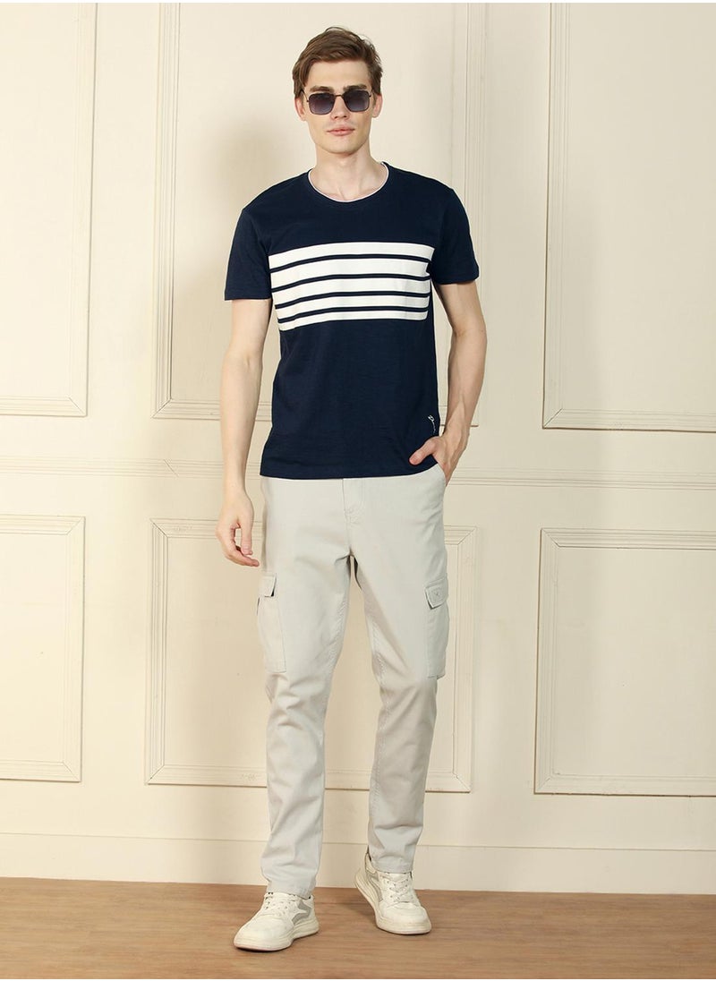 Men's Navy 100% Cotton Striped Regular Fit T-Shirt