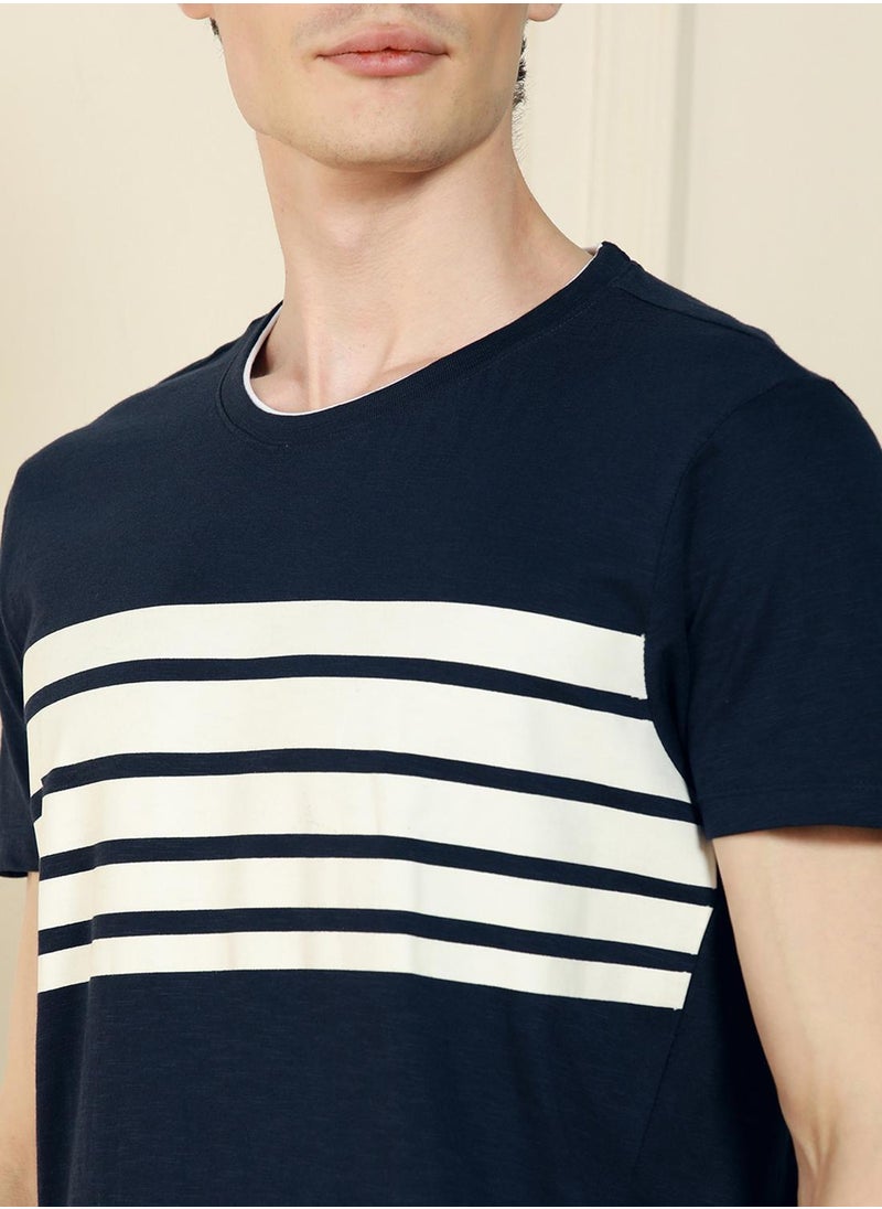Men's Navy 100% Cotton Striped Regular Fit T-Shirt