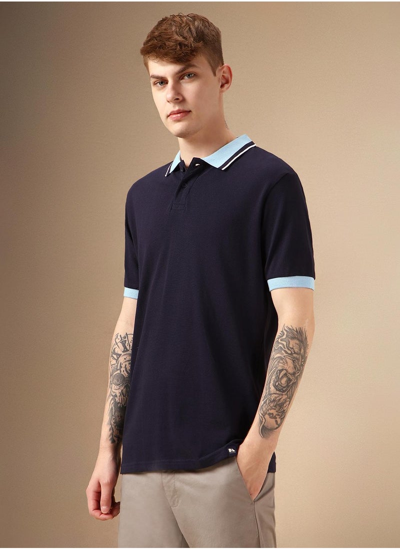 Men's Navy Polyester Blend Solid Regular Fit T-Shirt