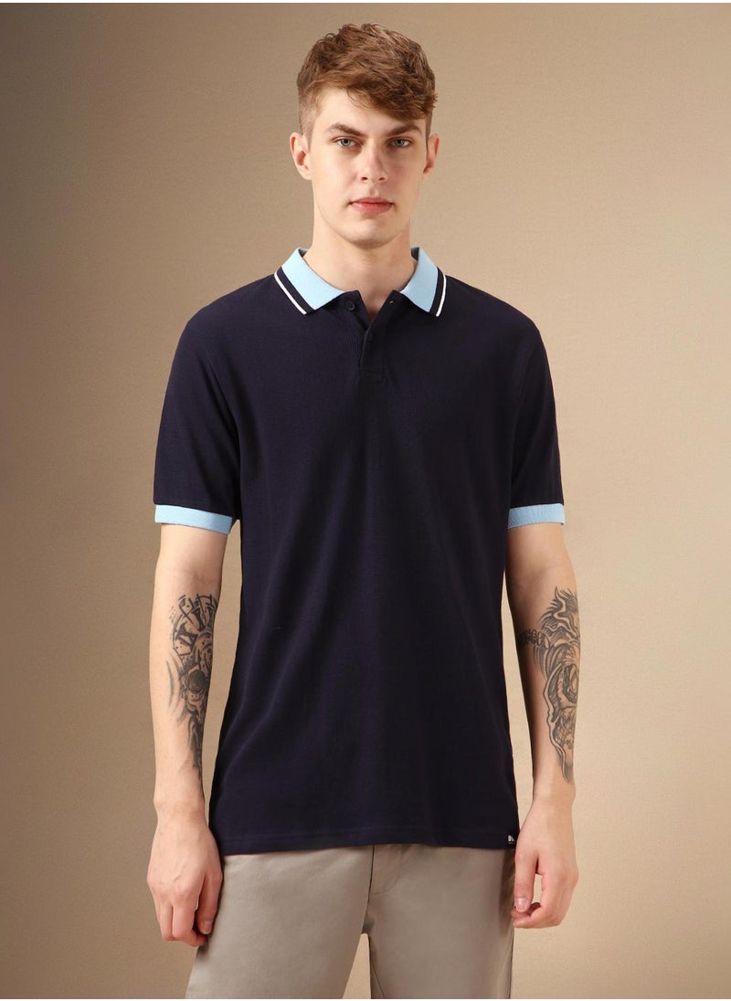 Men's Navy Polyester Blend Solid Regular Fit T-Shirt