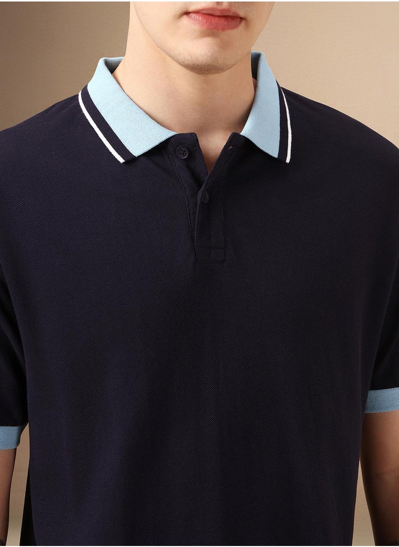 Men's Navy Polyester Blend Solid Regular Fit T-Shirt