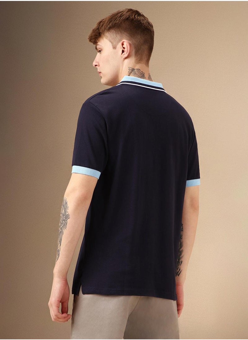 Men's Navy Polyester Blend Solid Regular Fit T-Shirt