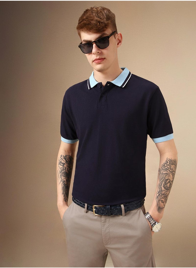 Men's Navy Polyester Blend Solid Regular Fit T-Shirt