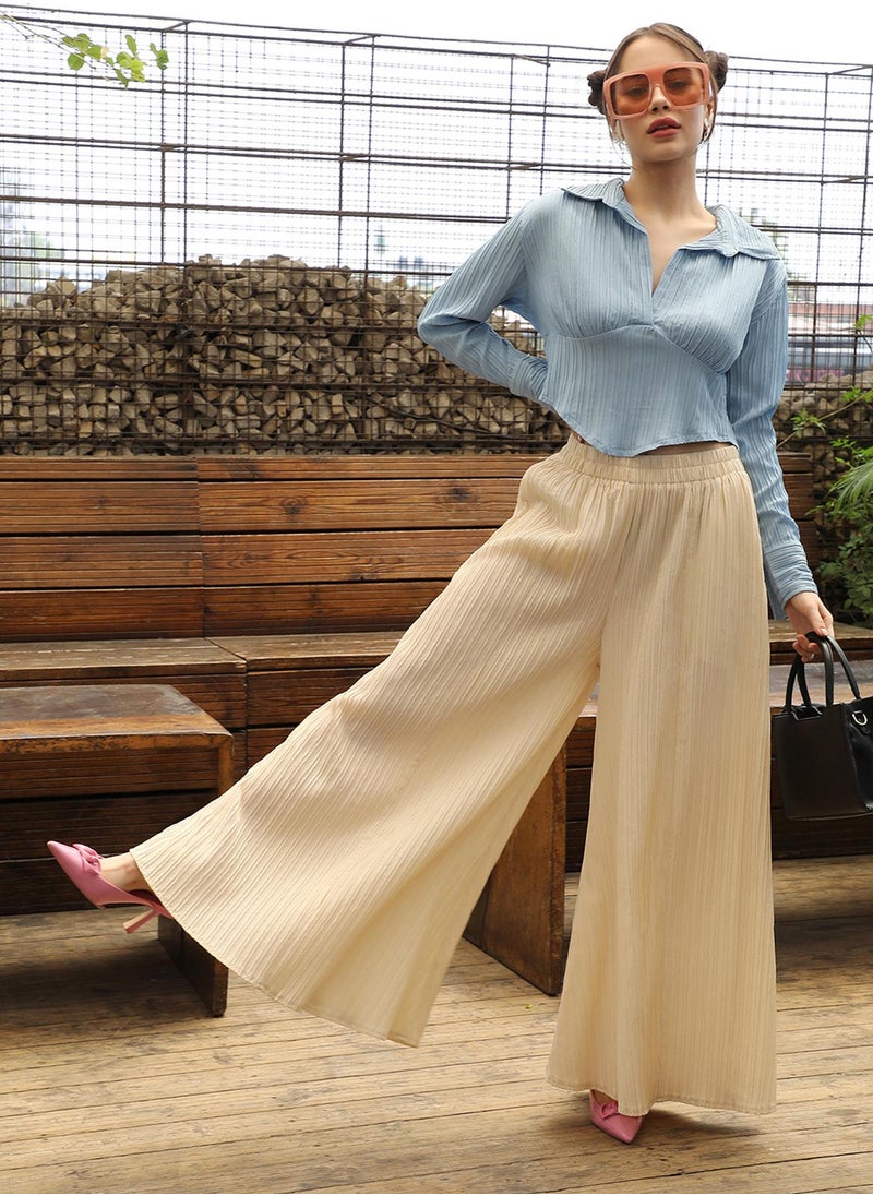 Women's Pale Yellow Striped Piping Flared Trousers