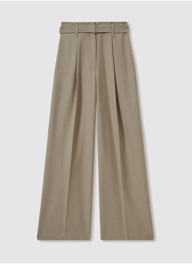Wool Belted Wide Leg Trouser