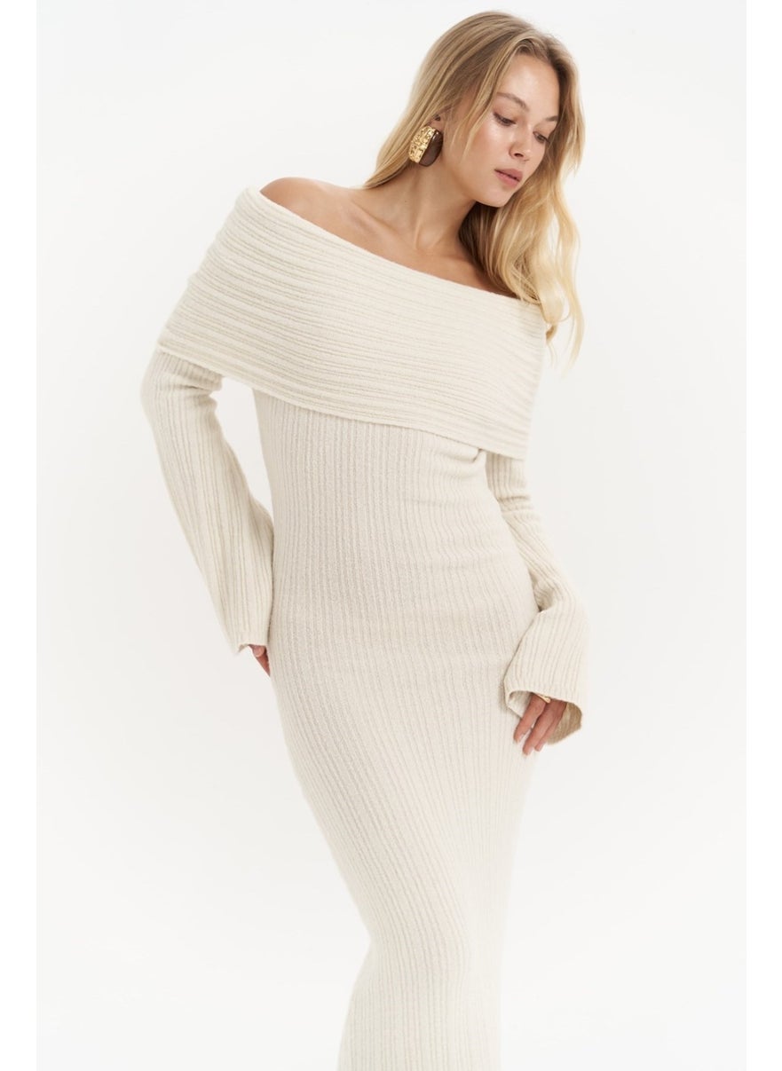Valencia Carmen Collar Ecru Long Knit Dress