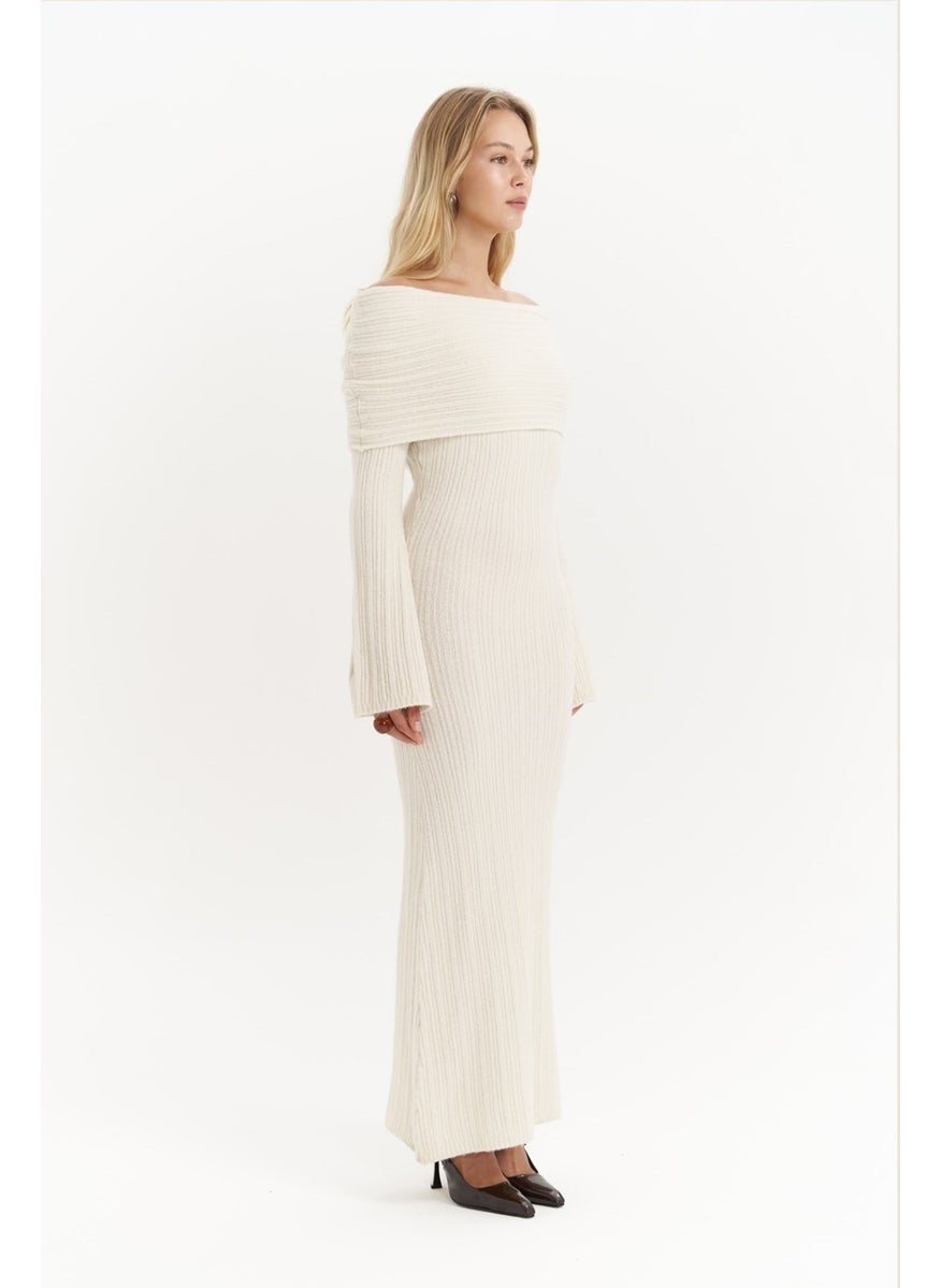 Valencia Carmen Collar Ecru Long Knit Dress