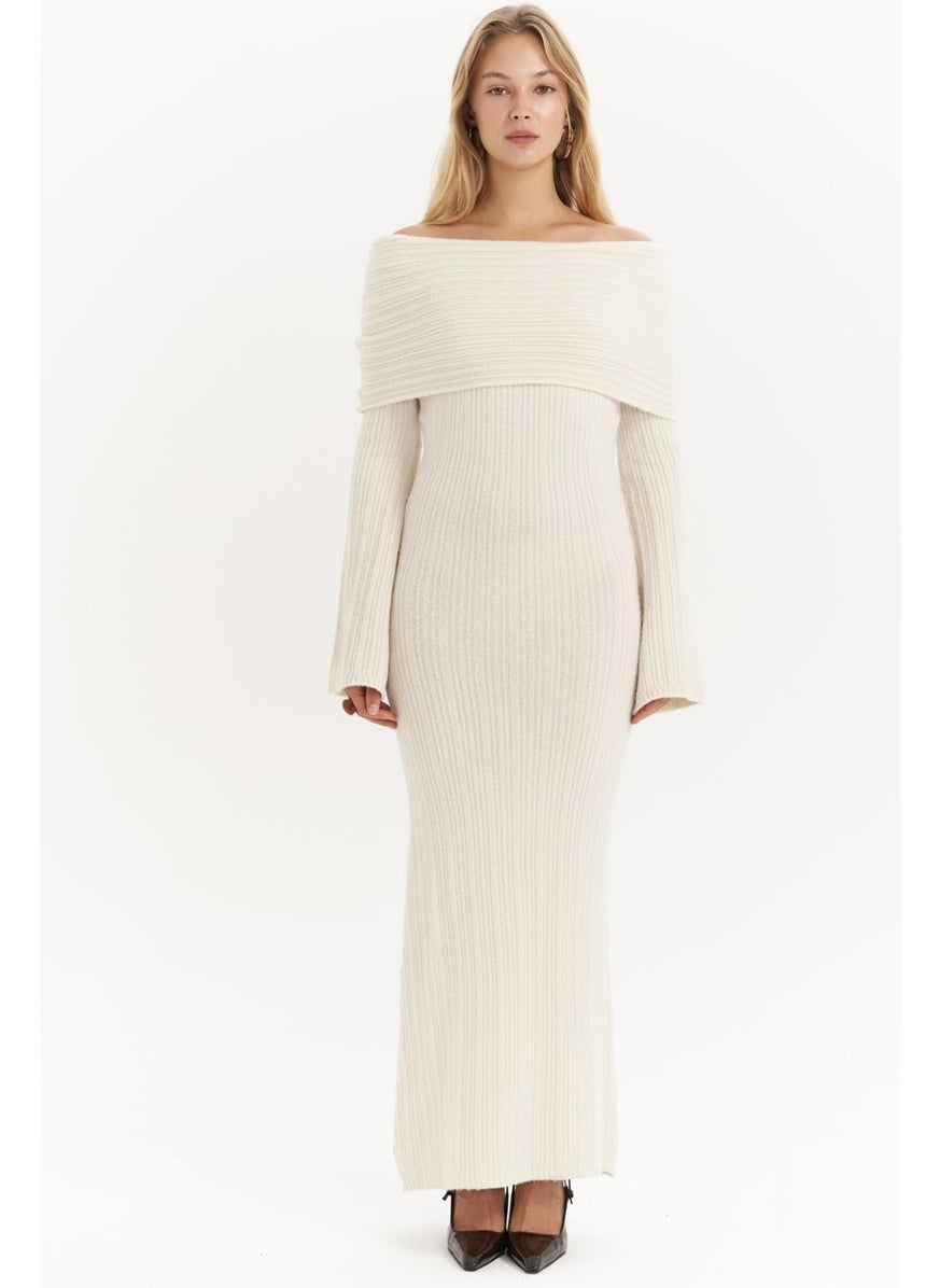 Valencia Carmen Collar Ecru Long Knit Dress