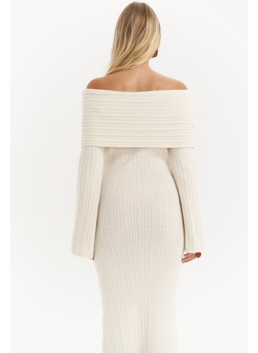Valencia Carmen Collar Ecru Long Knit Dress