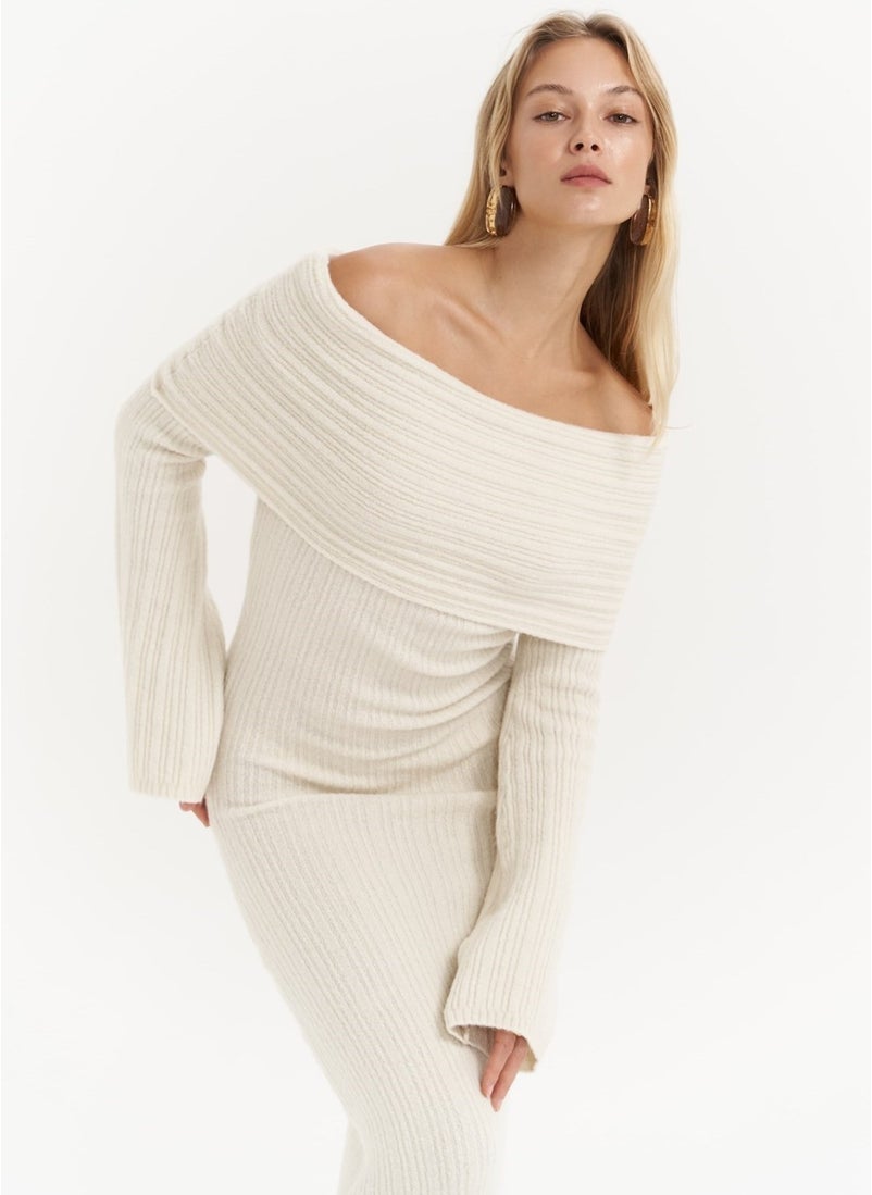 Valencia Carmen Collar Ecru Long Knit Dress