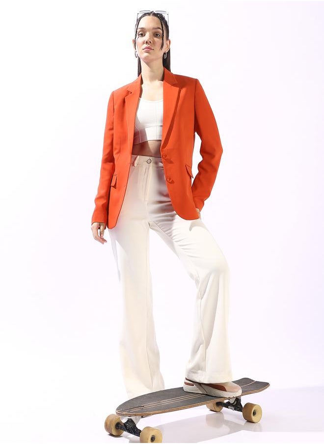 Women's Orange Polyester Blend Solid Tailored Fit Blazer
