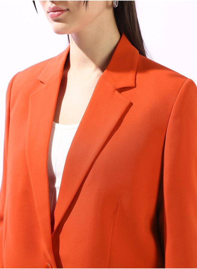 Women's Orange Polyester Blend Solid Tailored Fit Blazer
