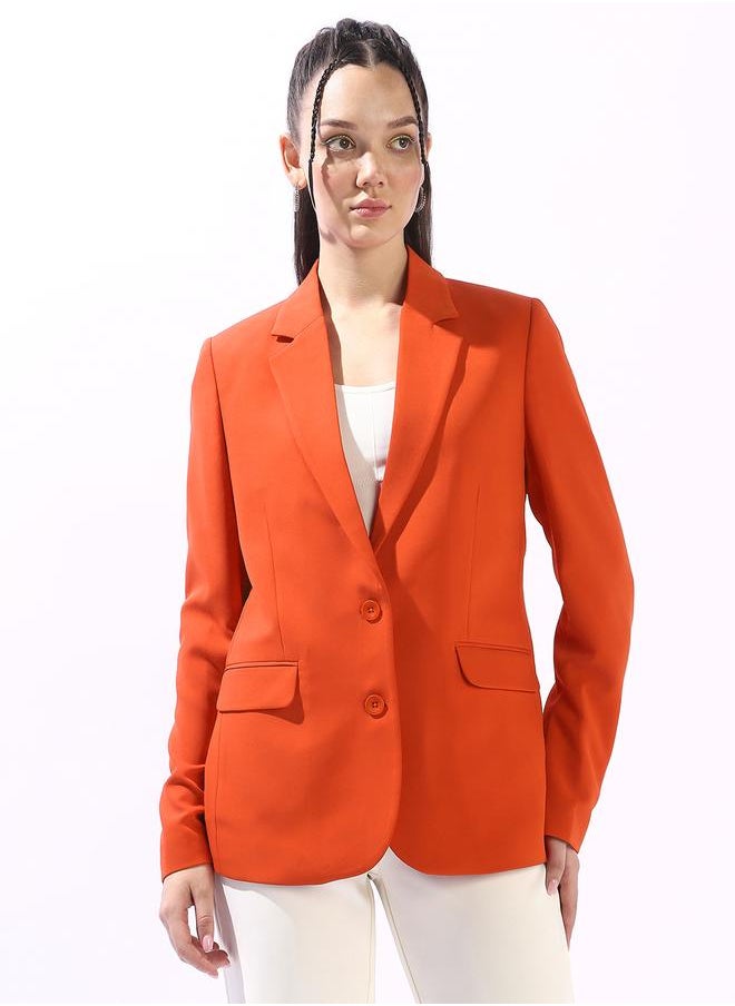 Women's Orange Polyester Blend Solid Tailored Fit Blazer