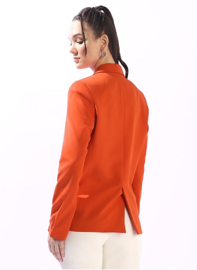 Women's Orange Polyester Blend Solid Tailored Fit Blazer