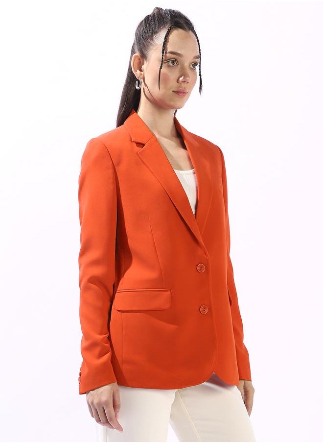 Women's Orange Polyester Blend Solid Tailored Fit Blazer