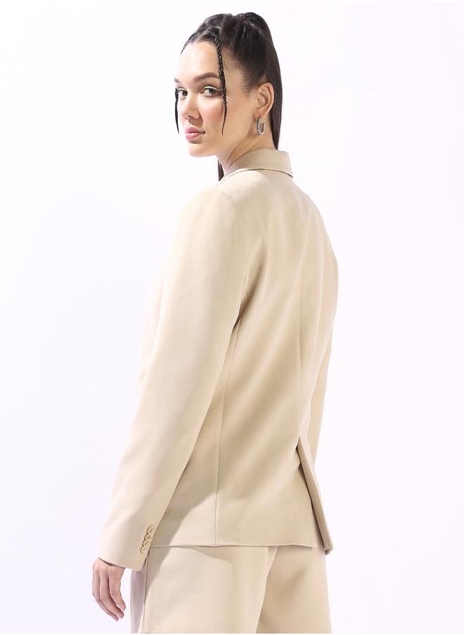 Women's Beige Polyester Blend Solid Tailored Fit Blazer