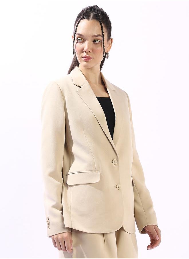 Women's Beige Polyester Blend Solid Tailored Fit Blazer