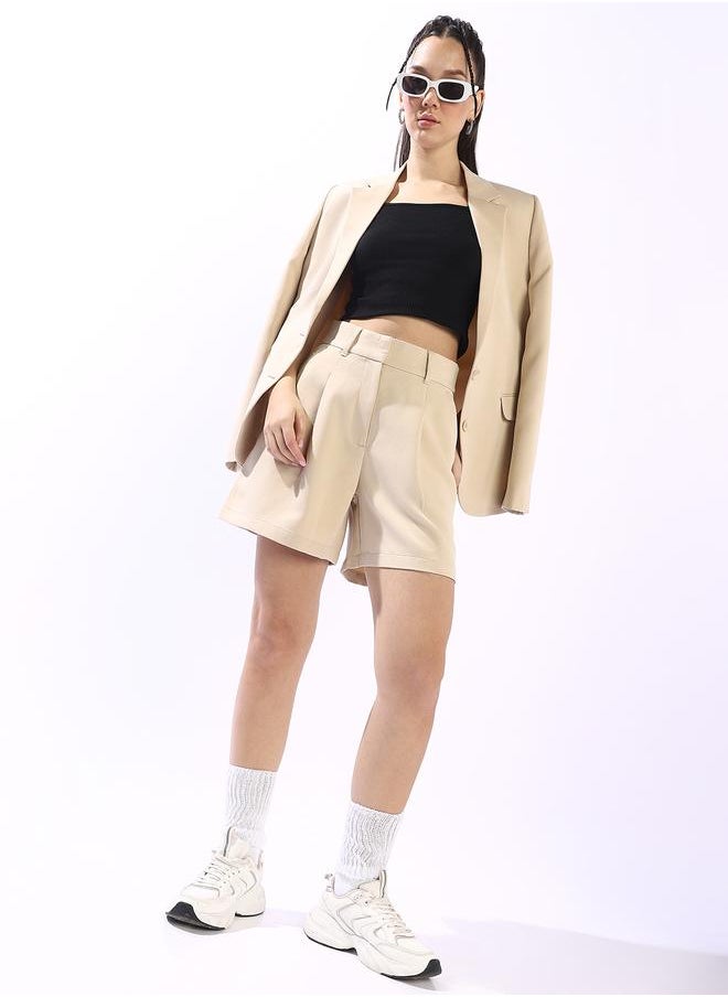 Women's Beige Polyester Blend Solid Tailored Fit Blazer