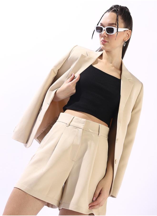Women's Beige Polyester Blend Solid Tailored Fit Blazer