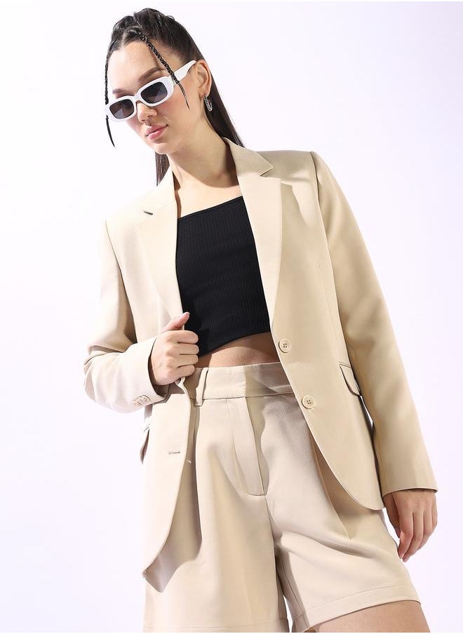 Women's Beige Polyester Blend Solid Tailored Fit Blazer