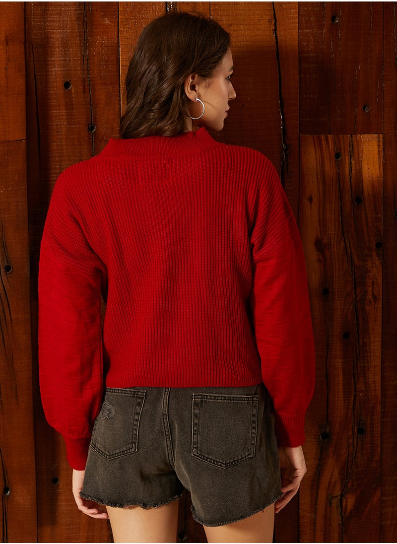 Women's Venetian Red Boxy Ribbed Pullover Sweater