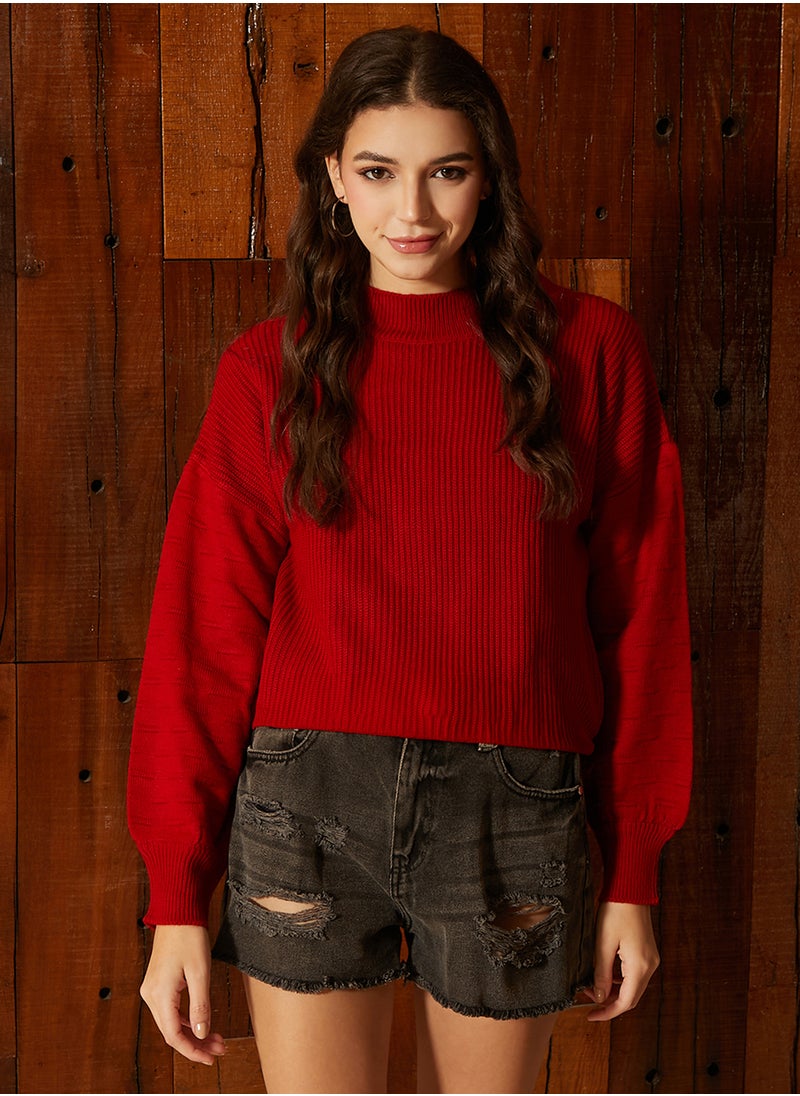 Women's Venetian Red Boxy Ribbed Pullover Sweater