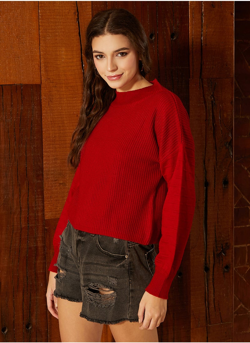 Women's Venetian Red Boxy Ribbed Pullover Sweater