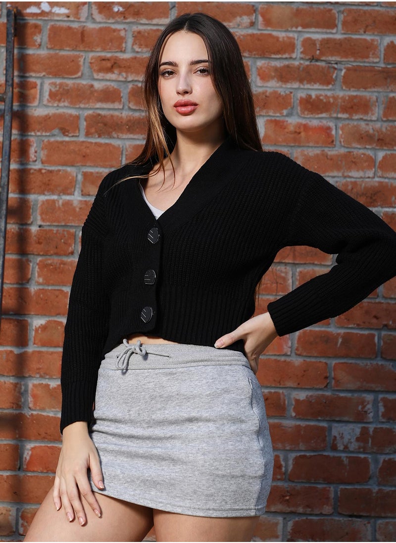 Women's Obsidian Black Ribbed Cropped Cardigan