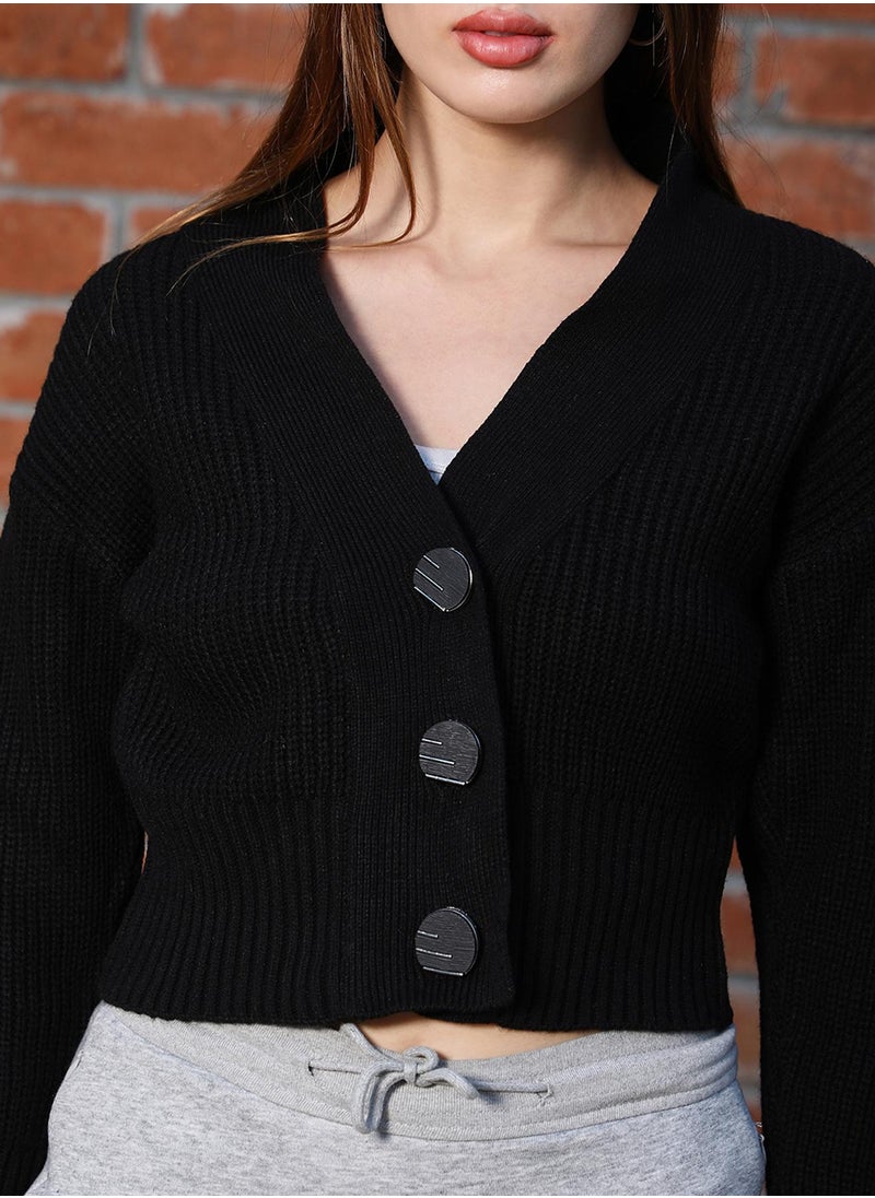 Women's Obsidian Black Ribbed Cropped Cardigan