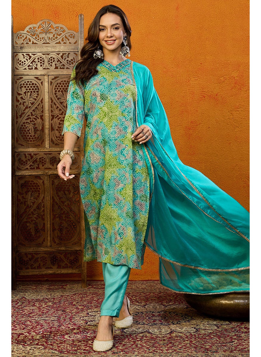 Blue Cotton Blend Bandhani Printed Straight 3-Piece Kurta Set